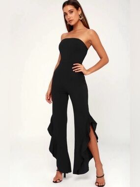 Lulu's Black Strapless Ruffle-Side Jumpsuit